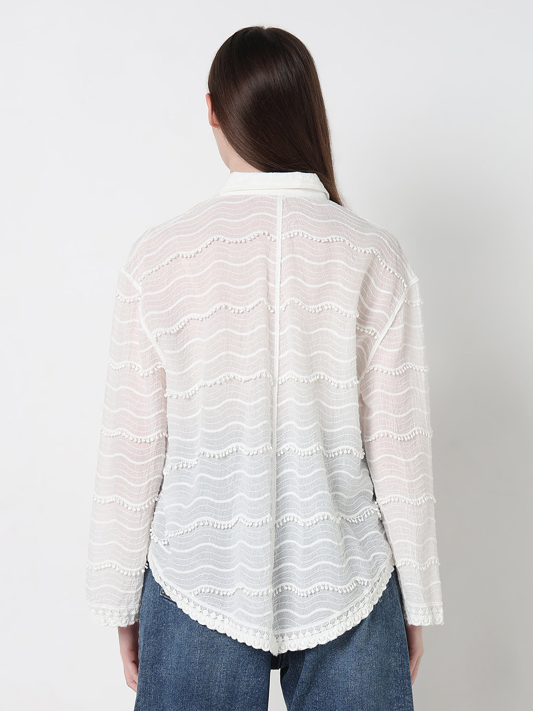 Women's Floral White Regular Fit Embellished Semi Sheer Shirt