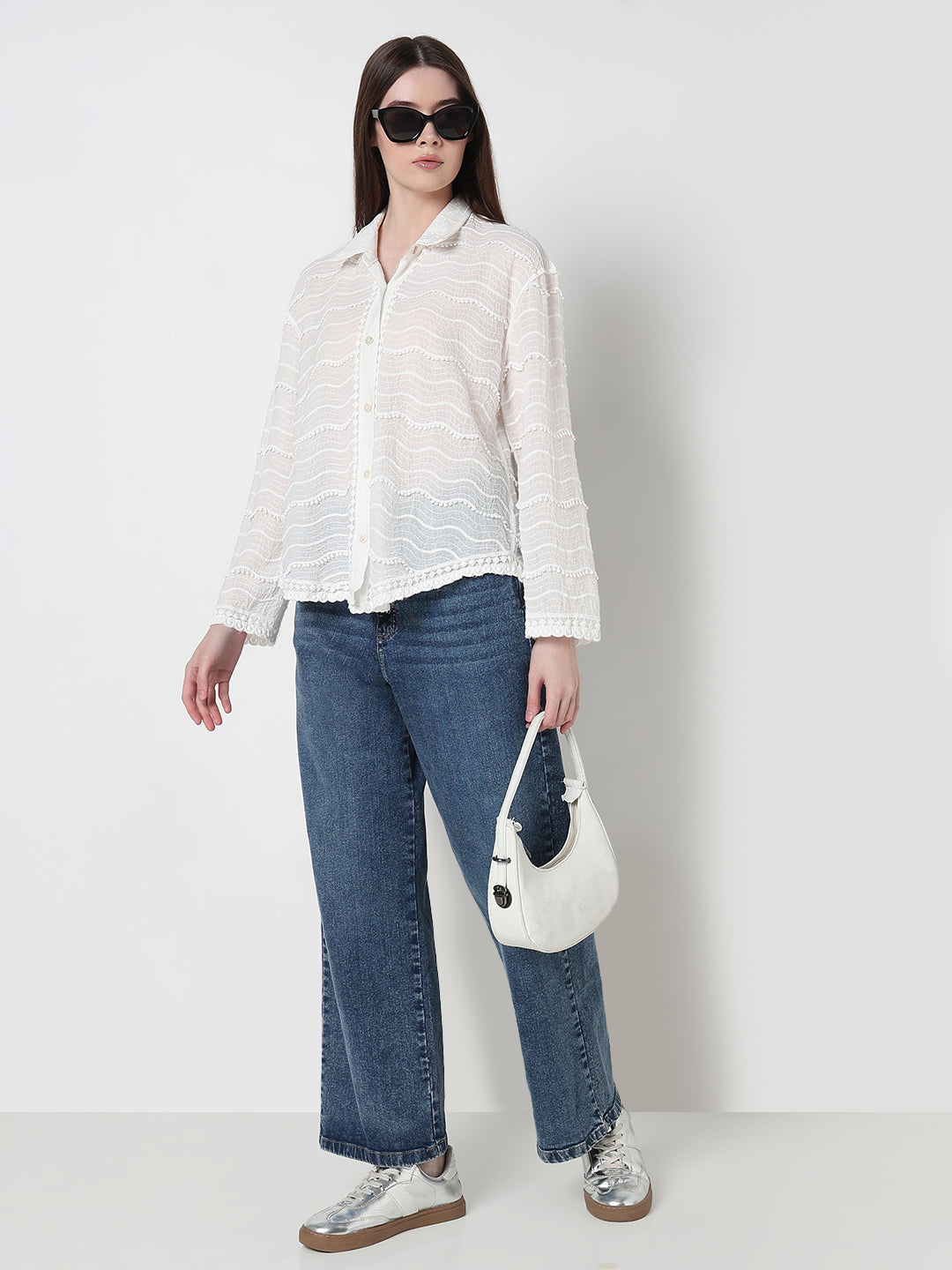 Women's Floral White Regular Fit Embellished Semi Sheer Shirt