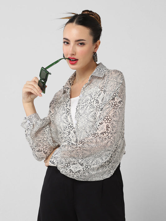 Women's Grey Comfort Semi Sheer Printed Casual Shirt
