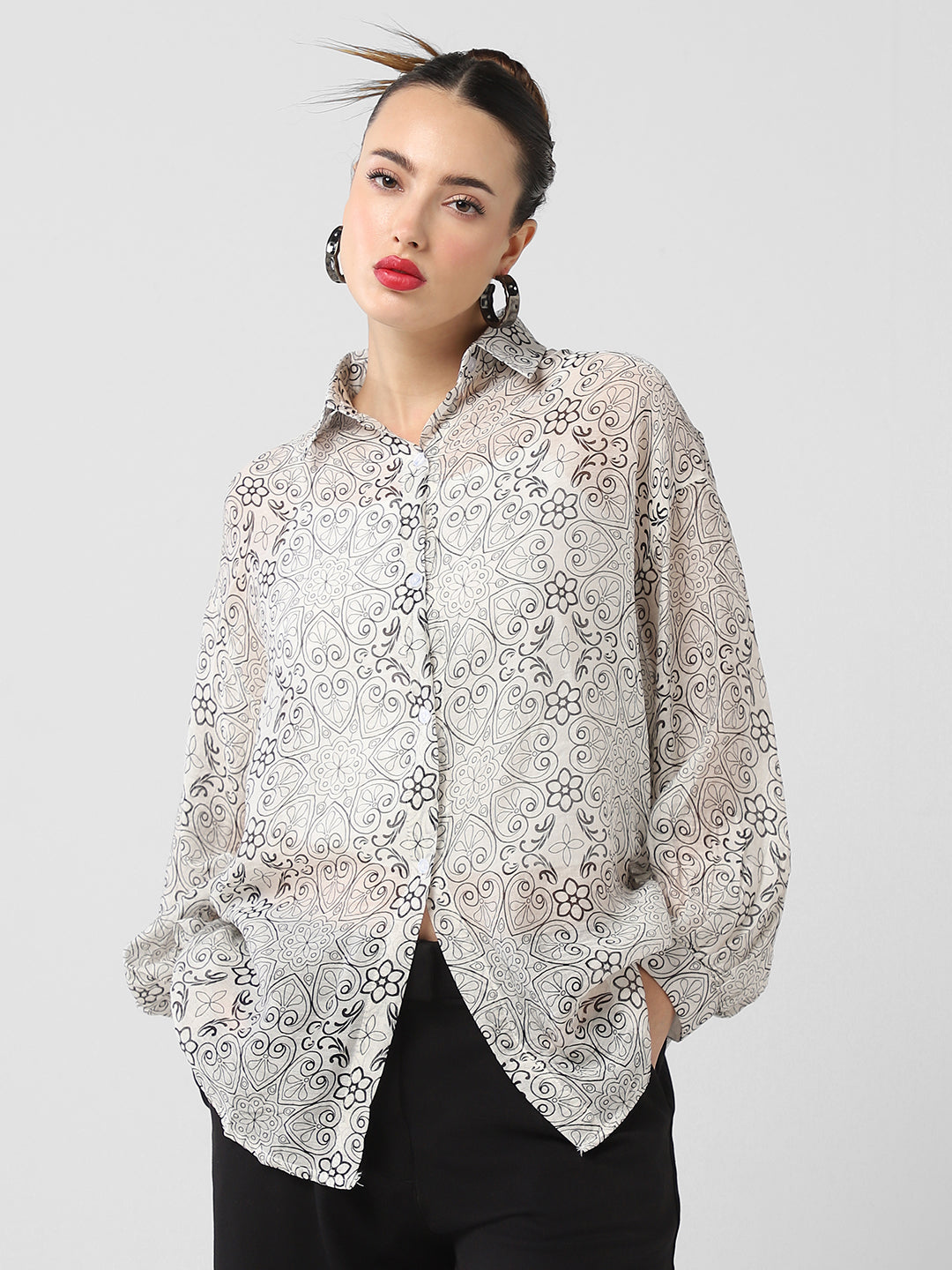 Women's Grey Comfort Semi Sheer Printed Casual Shirt