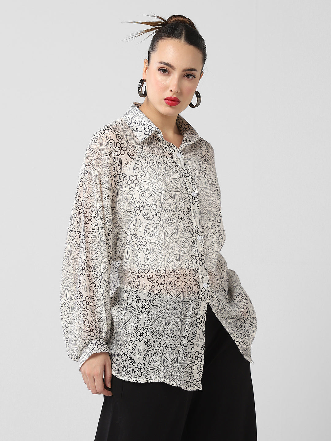 Women's Grey Comfort Semi Sheer Printed Casual Shirt