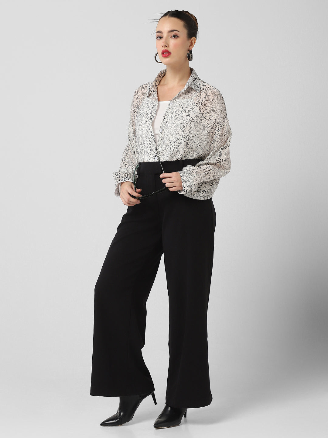 Women's Grey Comfort Semi Sheer Printed Casual Shirt