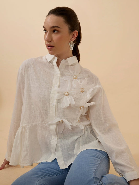 Women's Textured White Shirt with 3D Floral Applique