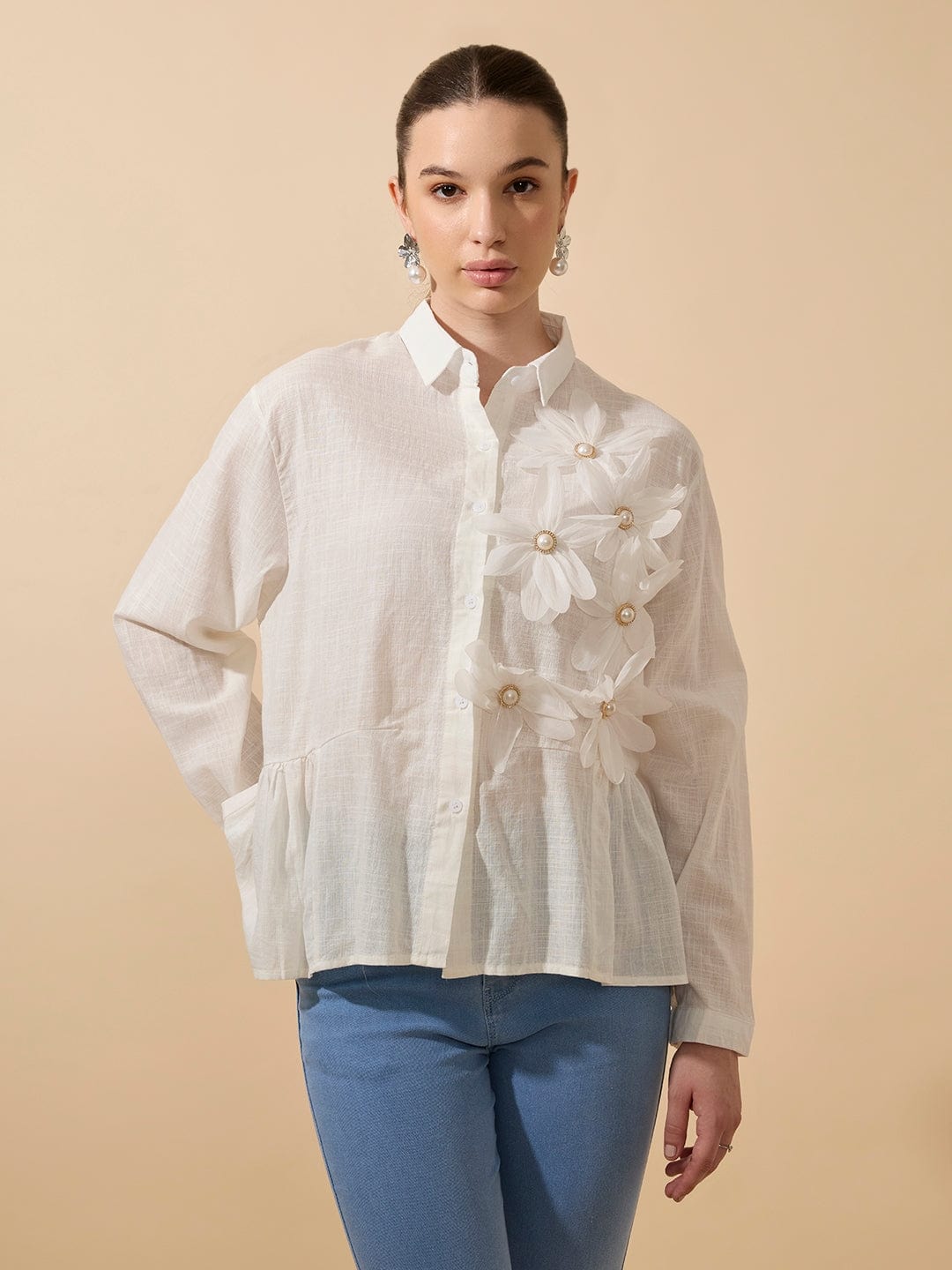 Women's Textured White Shirt with 3D Floral Applique