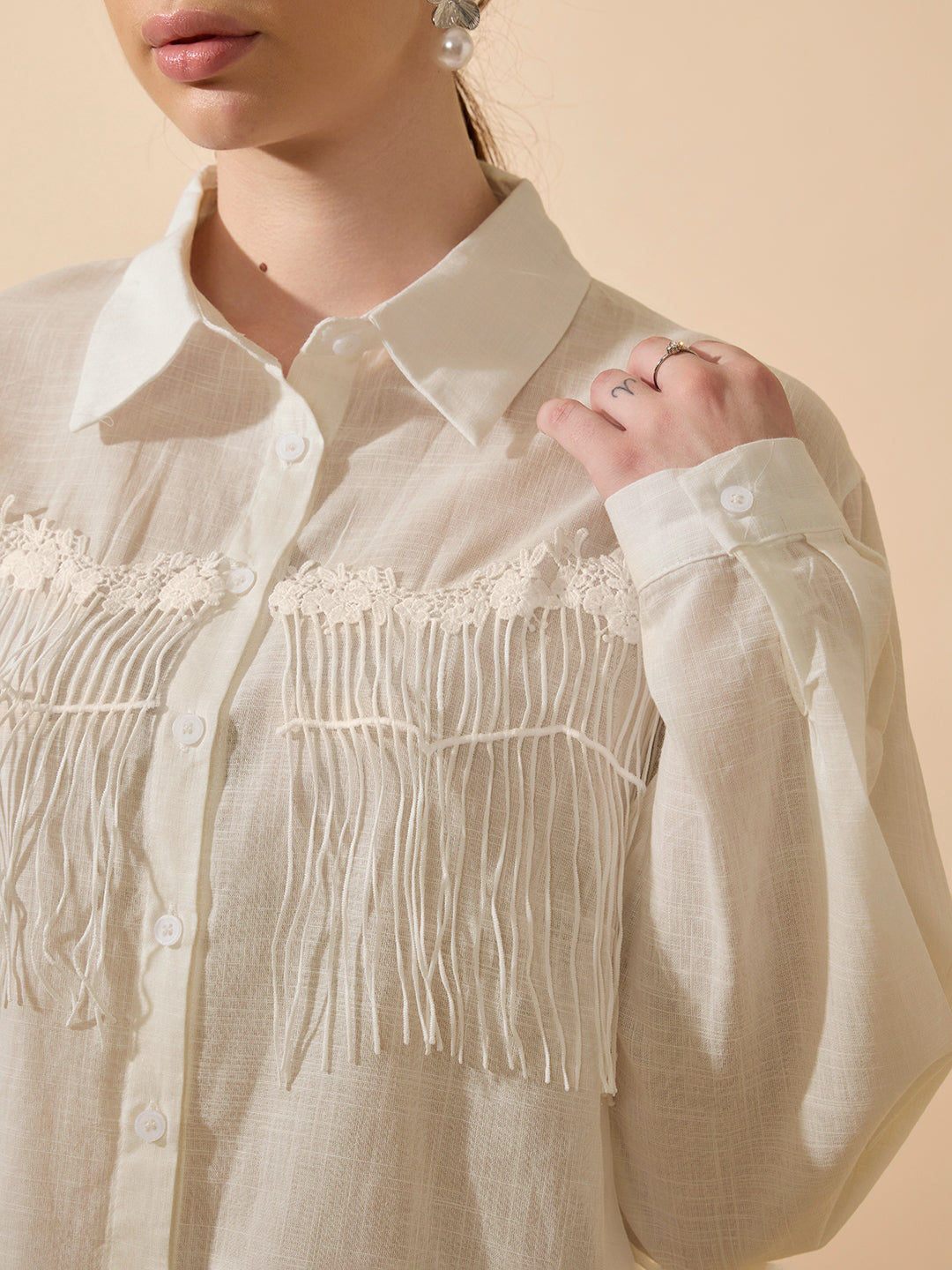 Women's Textured Beige Relaxed Fit Shirt with  Fringe Detail