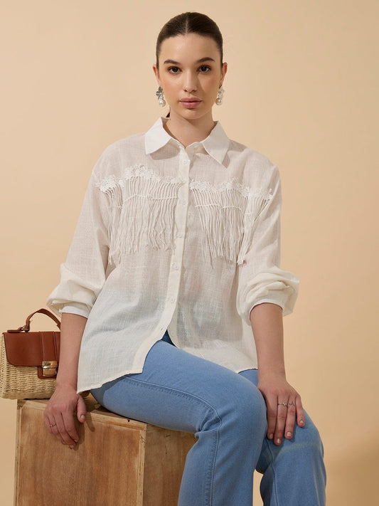Women's Textured White Relaxed Fit Shirt with Fringe Detail