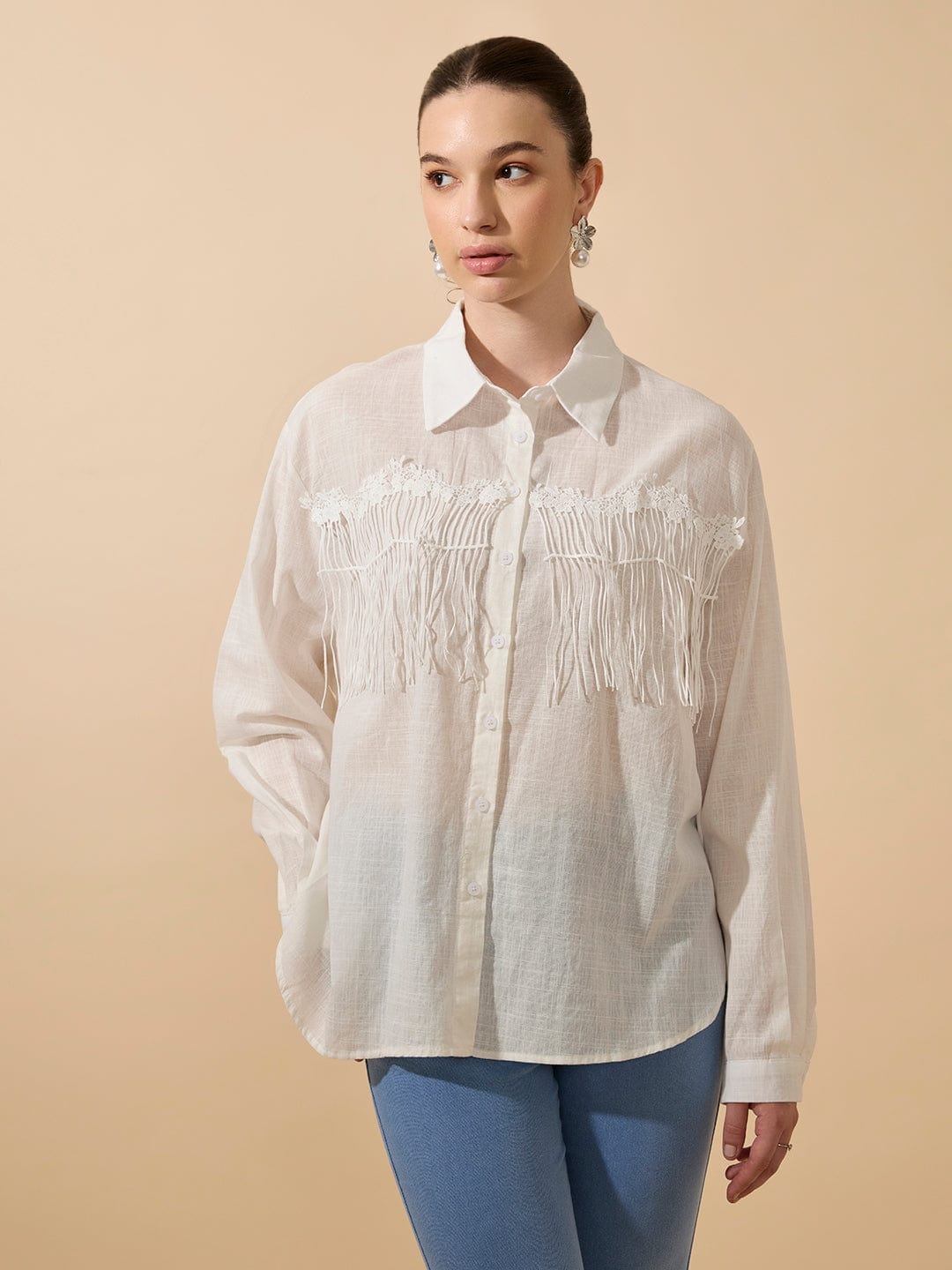 Women's Textured White Relaxed Fit Shirt with Fringe Detail