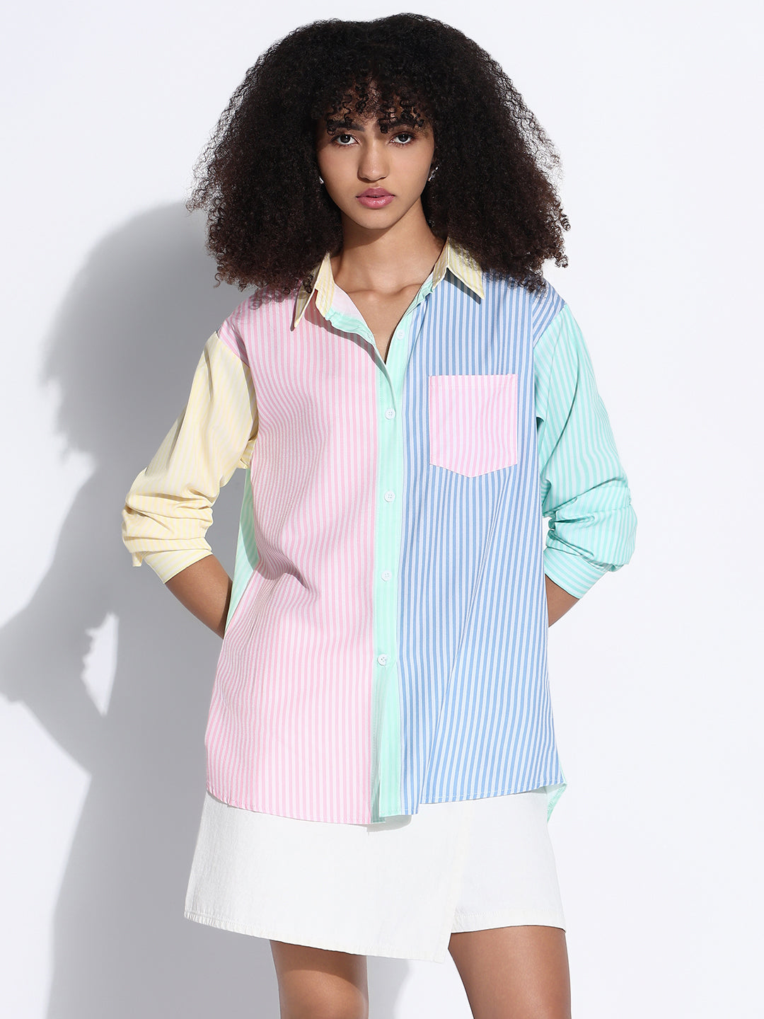 Women's Colourblocked Multi Oversized Shirt with Chest Pocket
