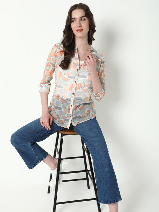 Women's Grey Comfort Mandarin Collar Floral Printed Casual Shirt