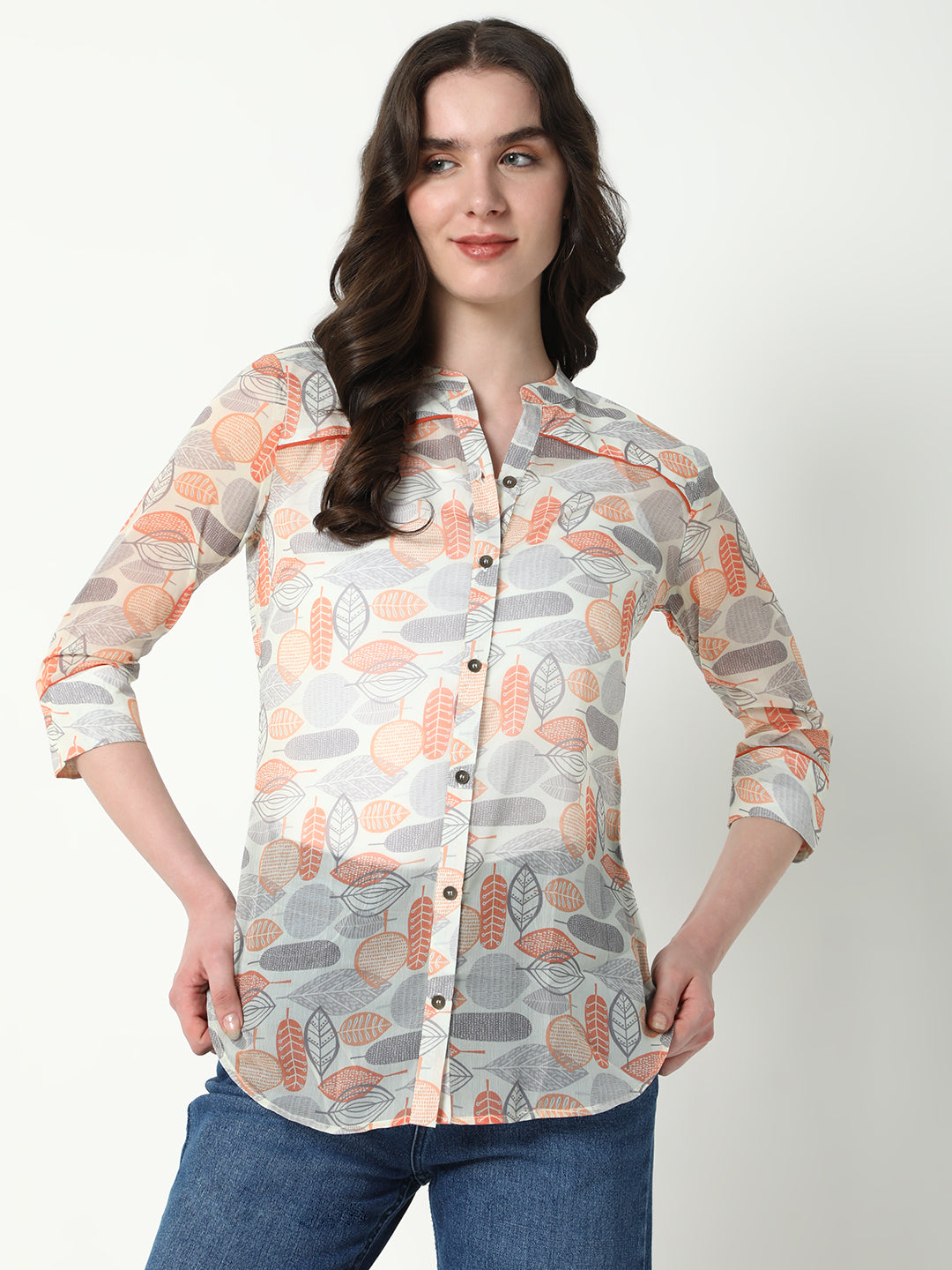 Women's Grey Comfort Mandarin Collar Floral Printed Casual Shirt