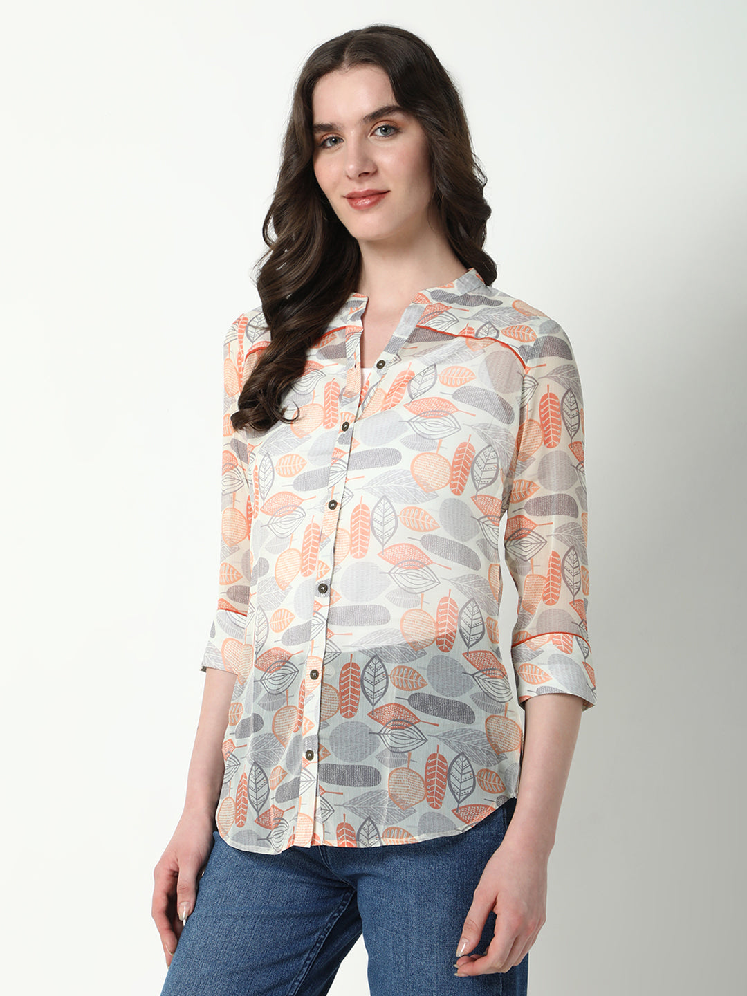 Women's Grey Comfort Mandarin Collar Floral Printed Casual Shirt
