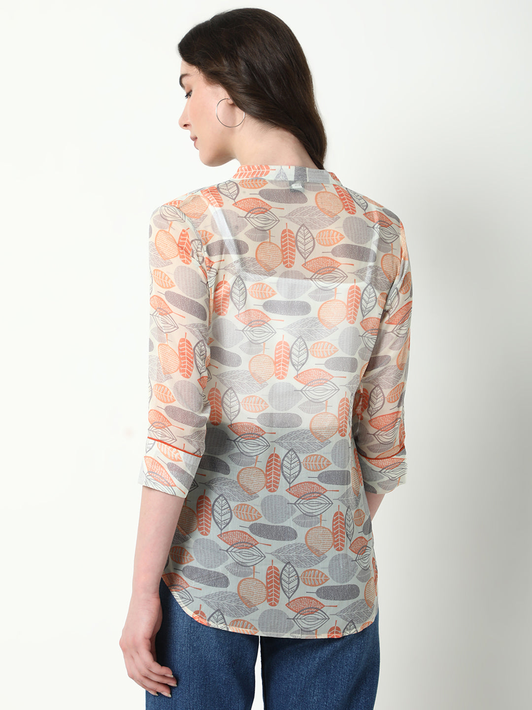 Women's Grey Comfort Mandarin Collar Floral Printed Casual Shirt