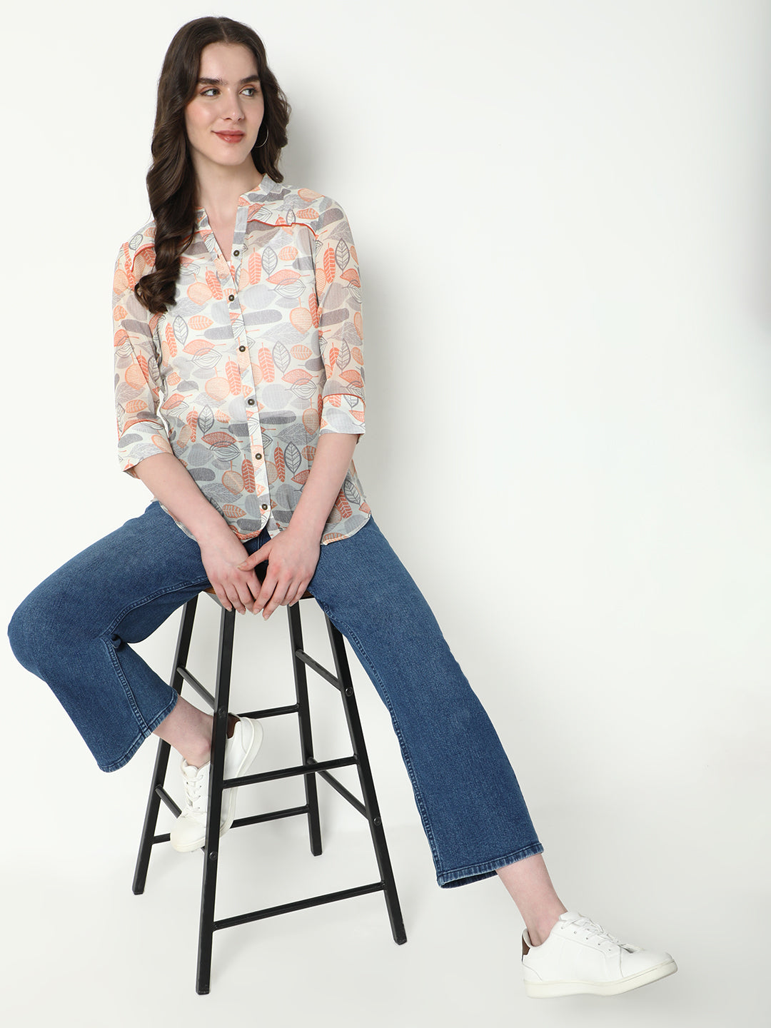 Women's Grey Comfort Mandarin Collar Floral Printed Casual Shirt