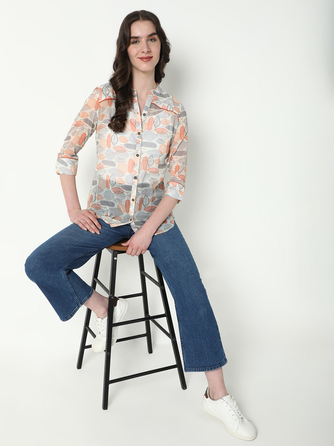Women's Grey Comfort Mandarin Collar Floral Printed Casual Shirt