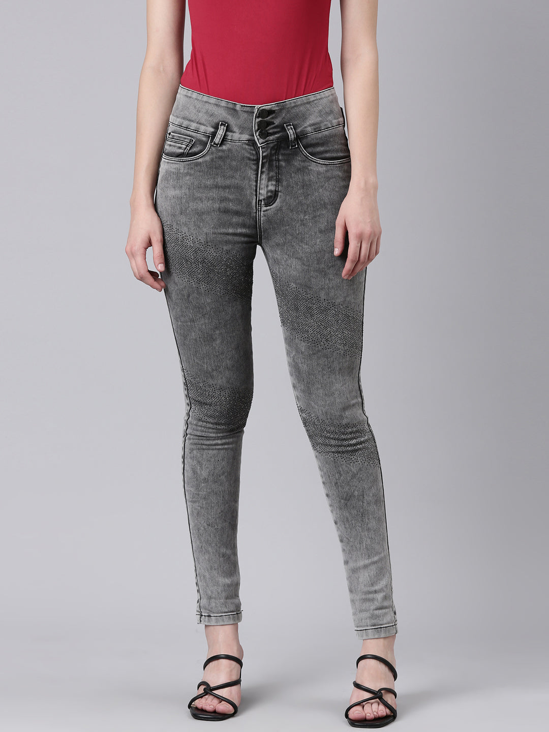 Women's Grey Slim Fit Mid-Rise Heavy Fade Acid Wash Denim Jeans