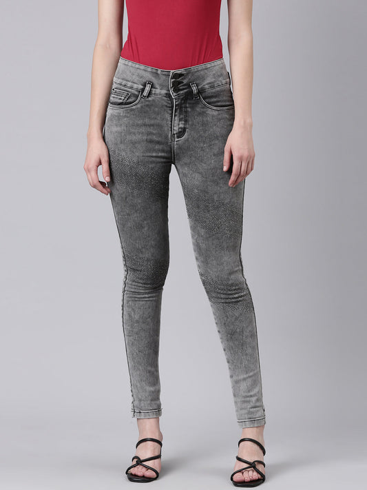 Women's Grey Slim Fit Mid-Rise Heavy Fade Acid Wash Denim Jeans
