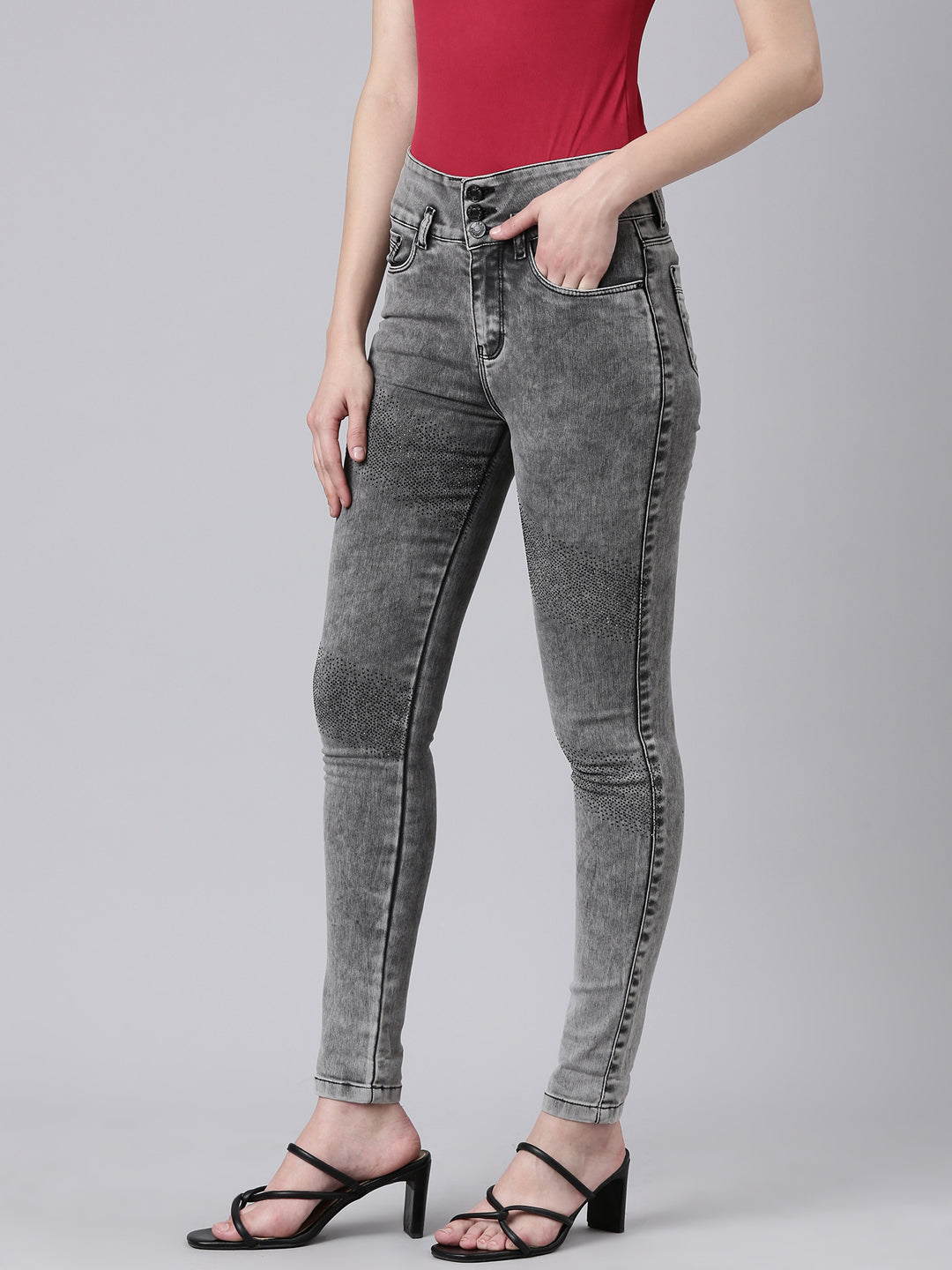 Women's Grey Slim Fit Mid-Rise Heavy Fade Acid Wash Denim Jeans