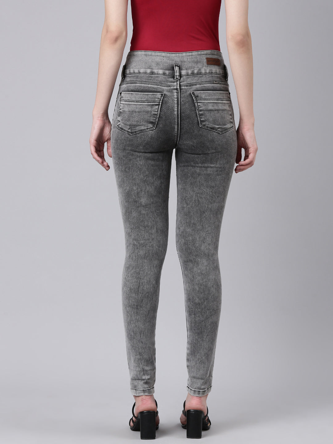 Women's Grey Slim Fit Mid-Rise Heavy Fade Acid Wash Denim Jeans