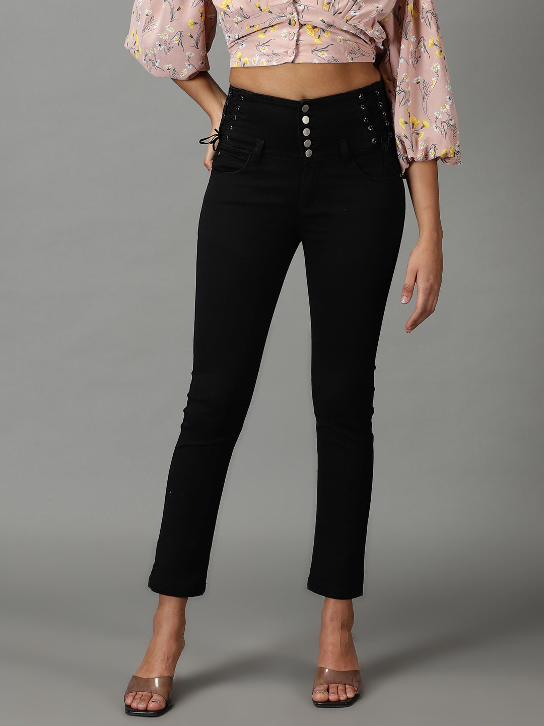 Women's Black Slim Fit High-Rise Stretchable Cropped Jeans