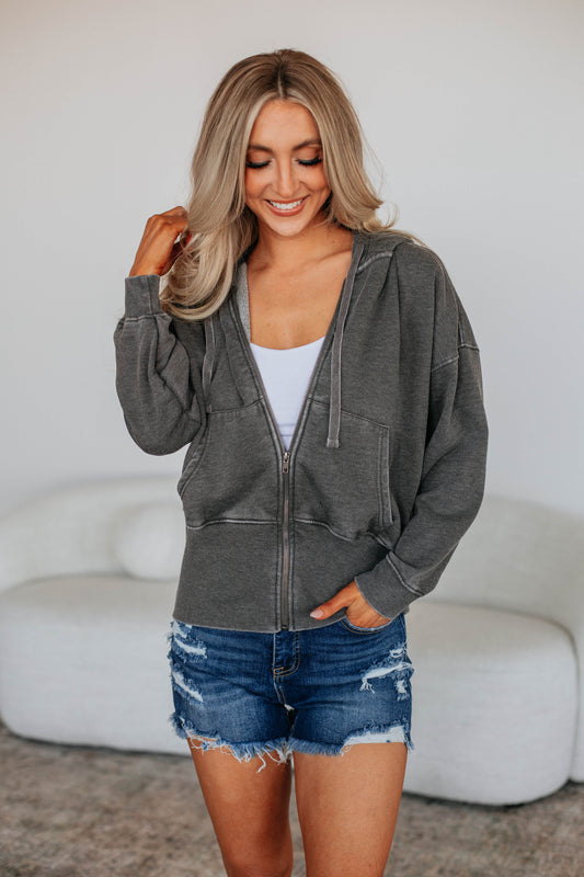 Maxwell Washed Zip-Up Hoodie - Charcoal