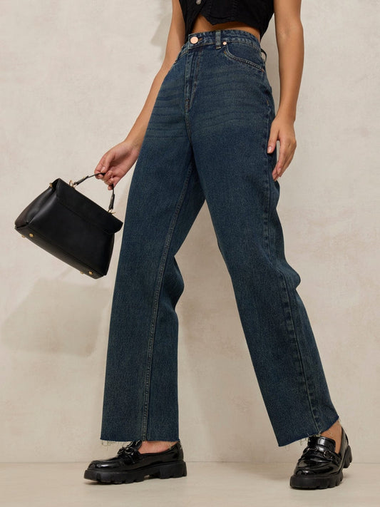 Women's Navy Blue High Rise Relaxed Fit Straight Jeans with Raw Hem