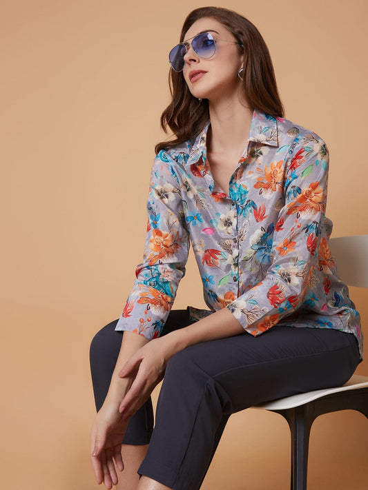 Women's Grey Standard Floral Opaque Printed Casual Shirt
