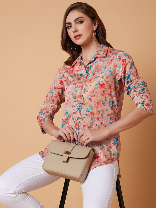 Women's Peach Standard Floral Opaque Printed Casual Shirt