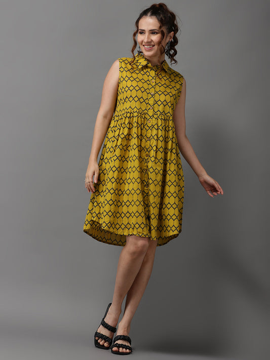 Women's Yellow Printed Shirt Dress