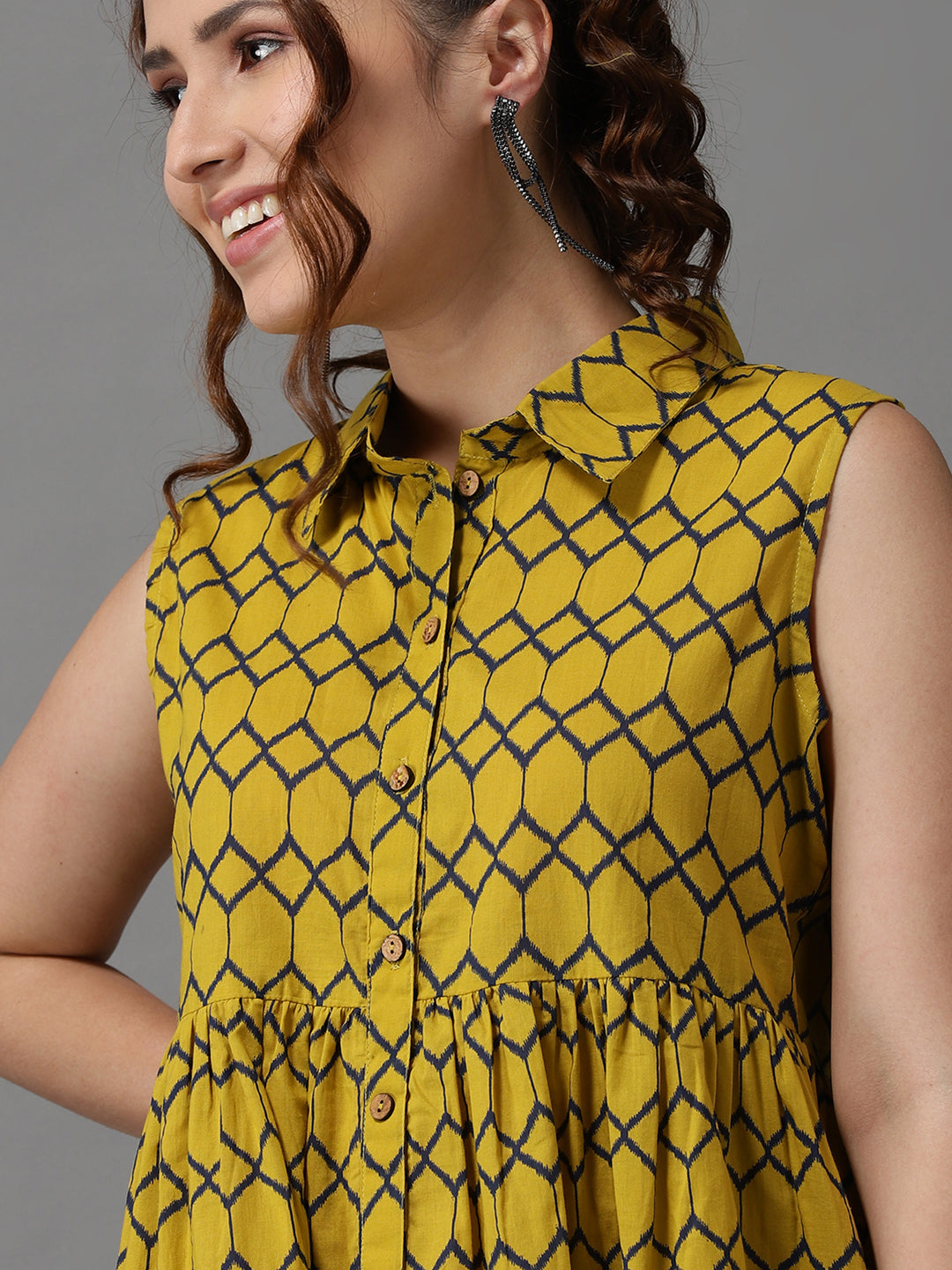 Women's Yellow Printed Shirt Dress