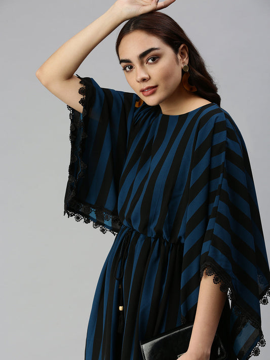 Women's Black Striped Georgette A-Line Midi Dress