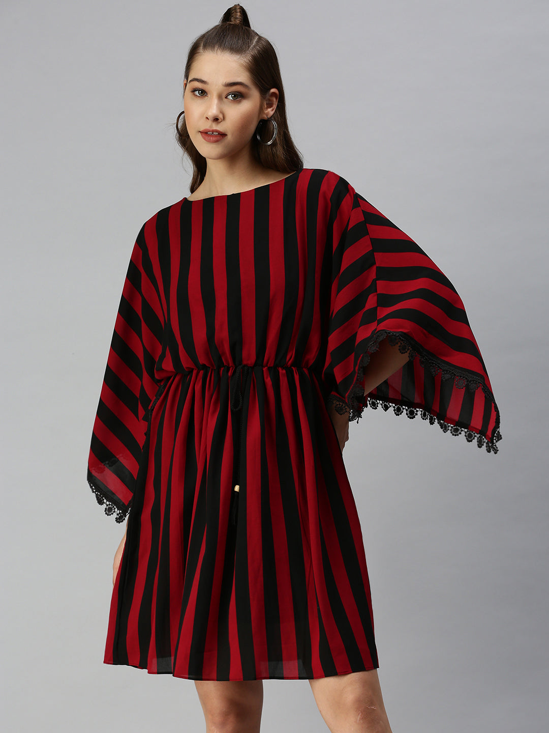 Women's Black Striped Georgette Kaftan Dress
