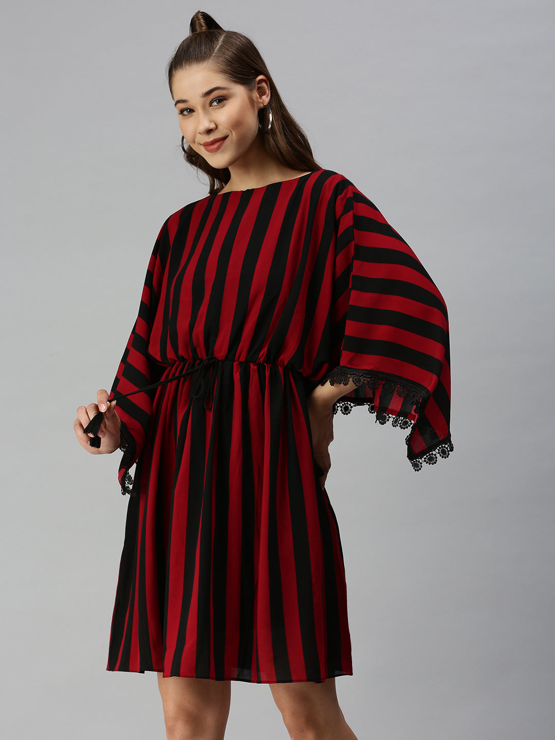 Women's Black Striped Georgette Kaftan Dress