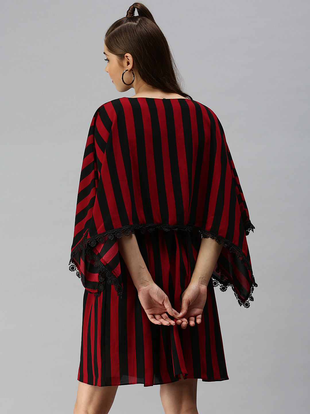 Women's Black Striped Georgette Kaftan Dress