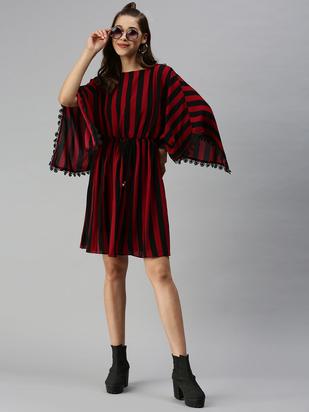 Women's Black Striped Georgette Kaftan Dress