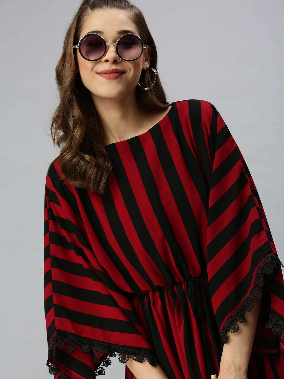 Women's Black Striped Georgette Kaftan Dress